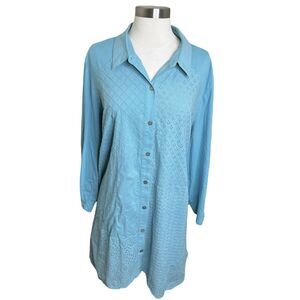 3/$30 Logo By Lori Goldstein Tunic Top Blue Modal Button Down Eyelet Boho XL